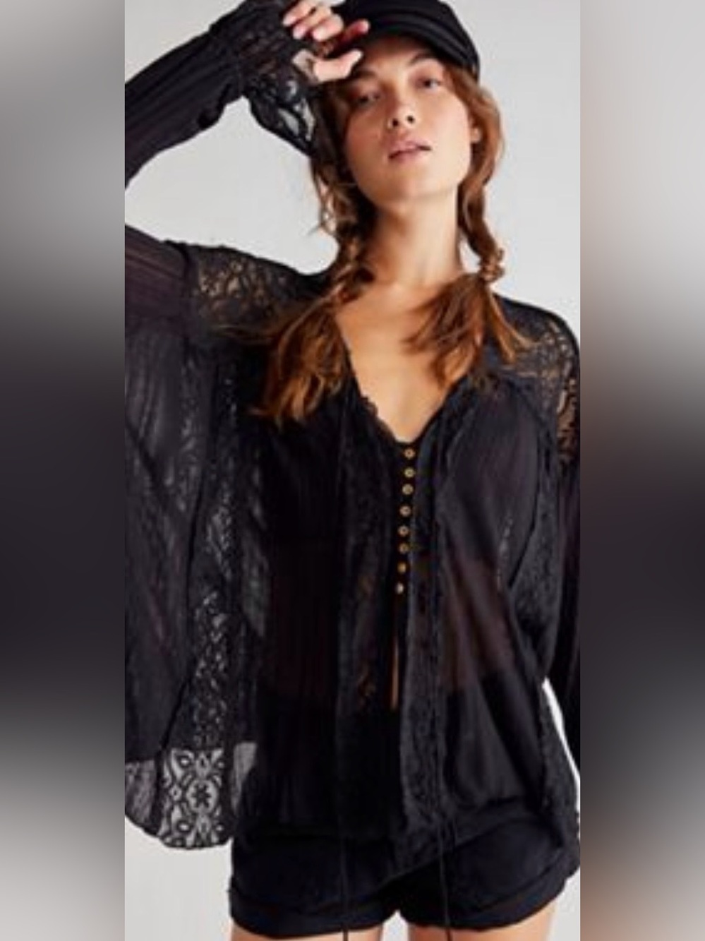 Free People Georgia Tunic Black Lace Boho Top Size Small